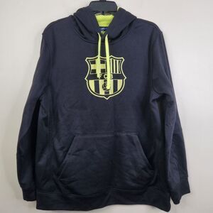FC Barcelona Mens Long Sleeve Pullover Front Logo Back Spellout Hoodie Medium